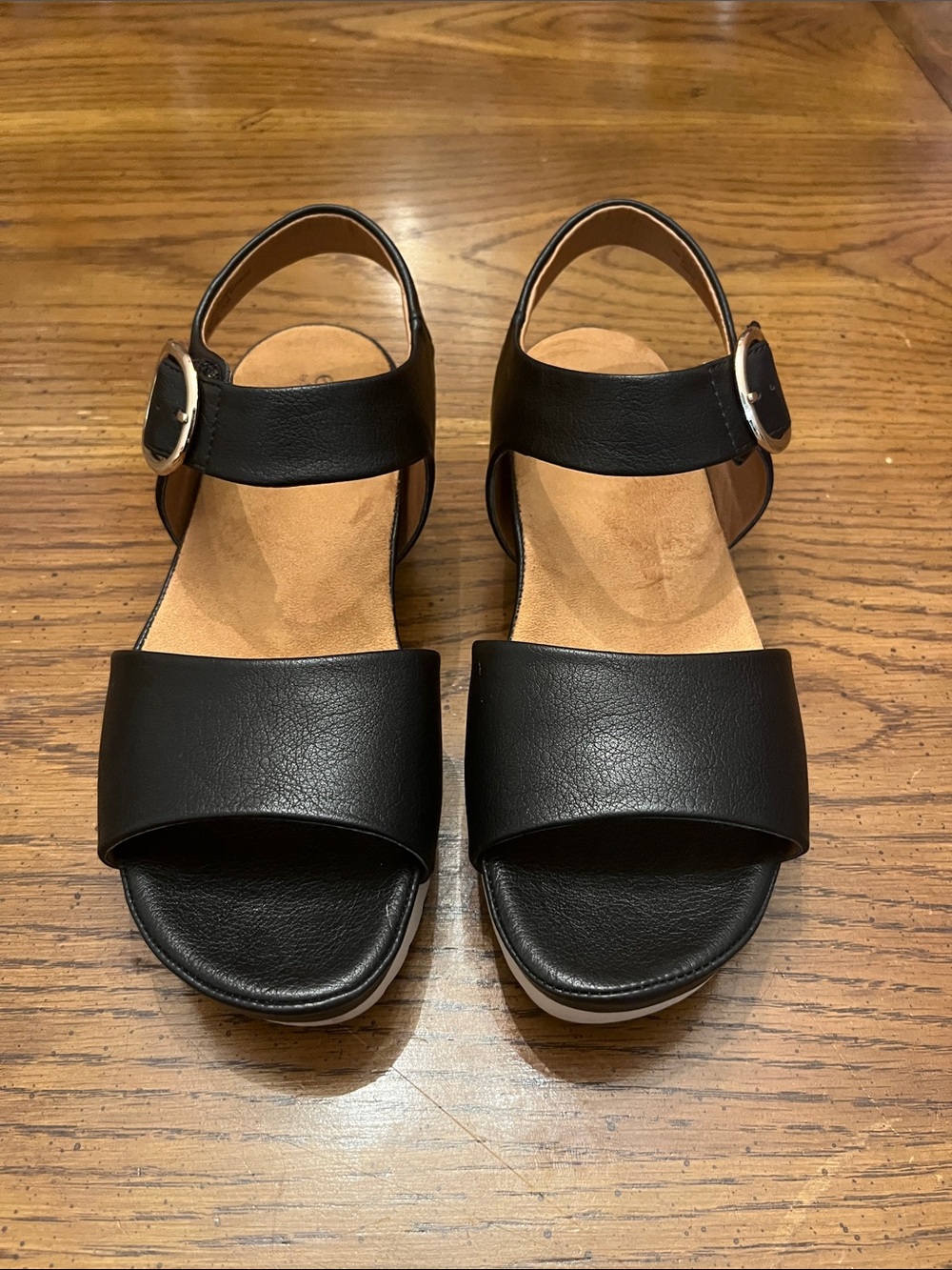 Women's Black Leather-Look Ankle Strap Sandals